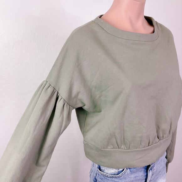Abound Drop Shoulder Puff Sleeve Cropped Sweatshirt Olive Sage Night size S NWT - Picture 4 of 12